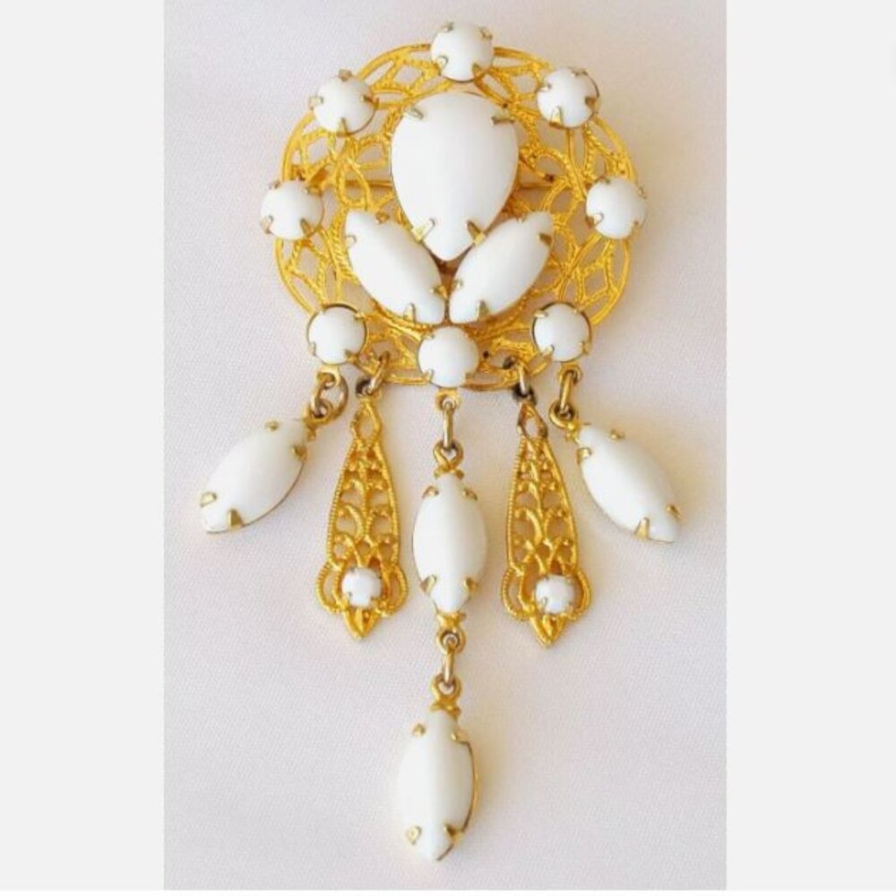Vintage Milk Glass Gold Filigree Dangle Fringe Brooch Pin